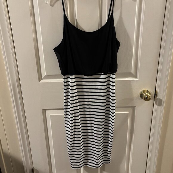 Venus Women's Black/White Striped Sleeveless Dress with Layered Top ~ Medium - Picture 1 of 4